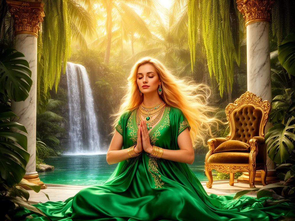 Serene woman meditating with golden jewelry in a lush tropical garden with waterfall and ornate golden throne