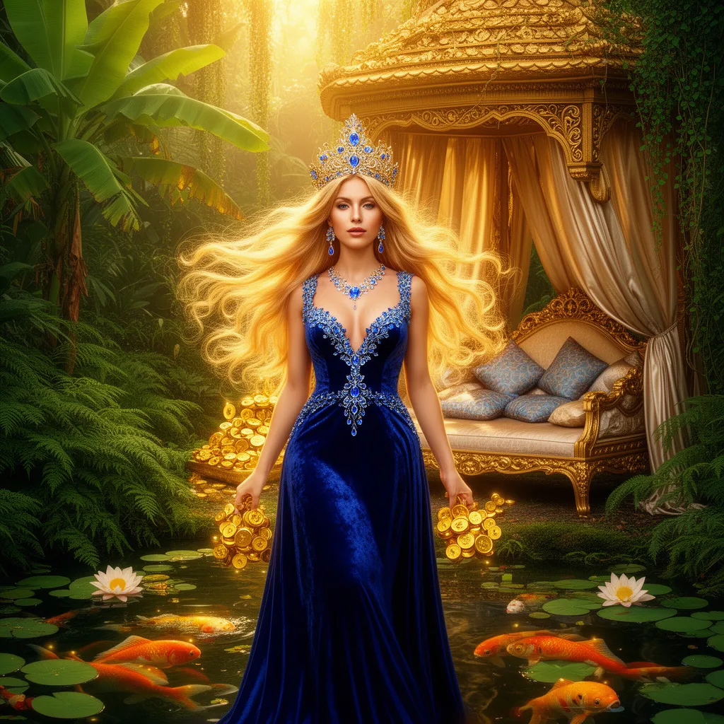 Goddess in royal blue gown with diamond crown holding golden coins beside a koi pond with lotus flowers and ornate daybed