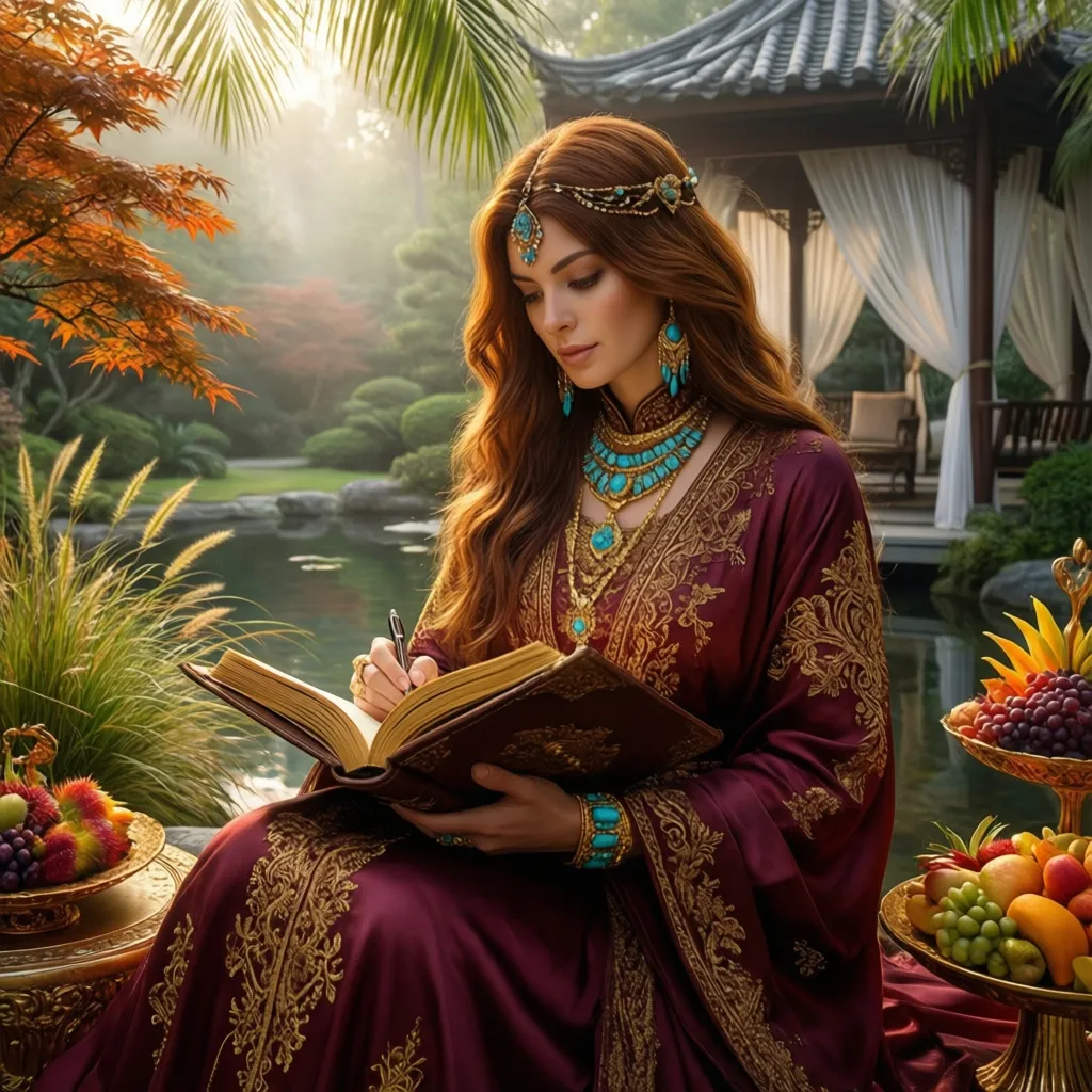 Woman in burgundy robe with turquoise jewelry writing in journal beside a zen garden pond