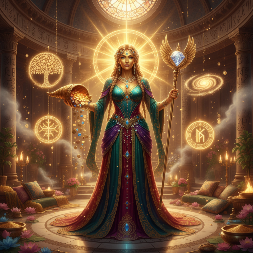 Sacred goddess with cornucopia of golden coins, diamond staff, and mystical lunar symbols in a candle-lit temple