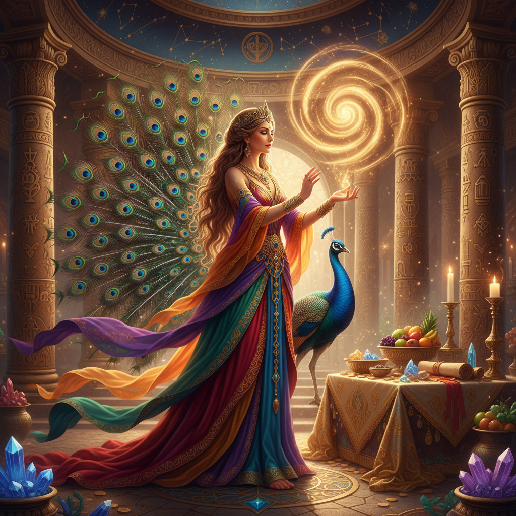 Divine goddess manifesting wealth with golden energy spirals, peacock feathers, and sacred crystals in an ancient temple