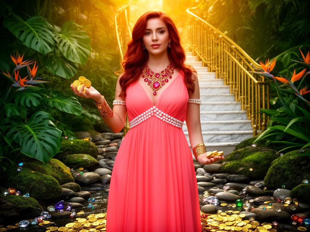 Red-haired goddess in coral dress holding gold coins on river stones with birds of paradise flowers