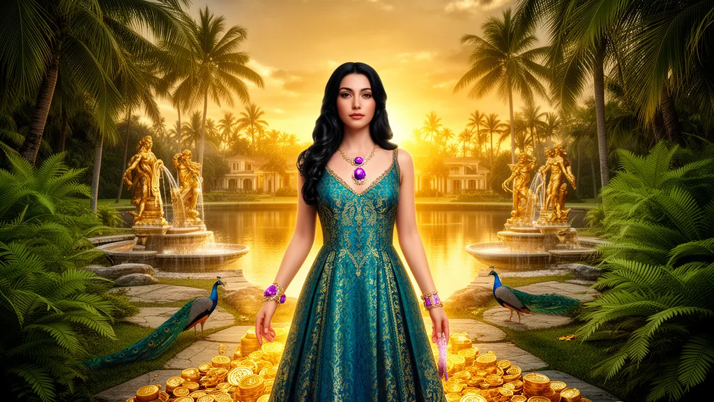 Woman in teal gown with peacocks beside golden fountains in a tropical palm garden at sunset