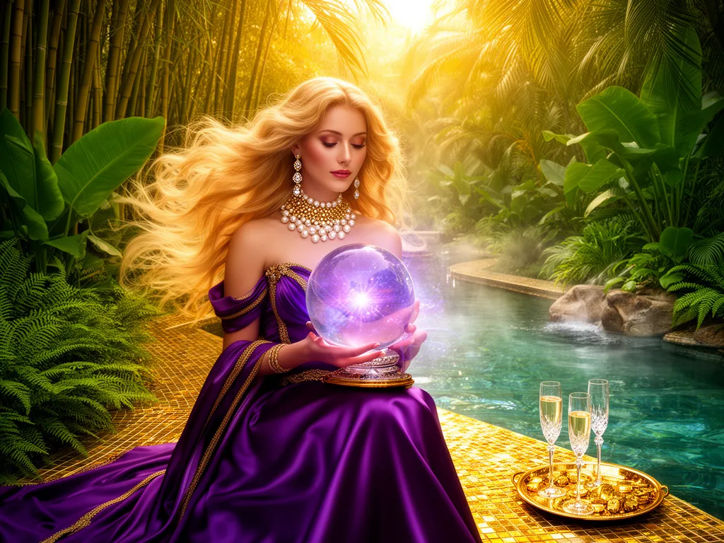 Elegant woman in purple silk gown holding a glowing crystal ball beside a tropical pool with champagne and lush bamboo forest