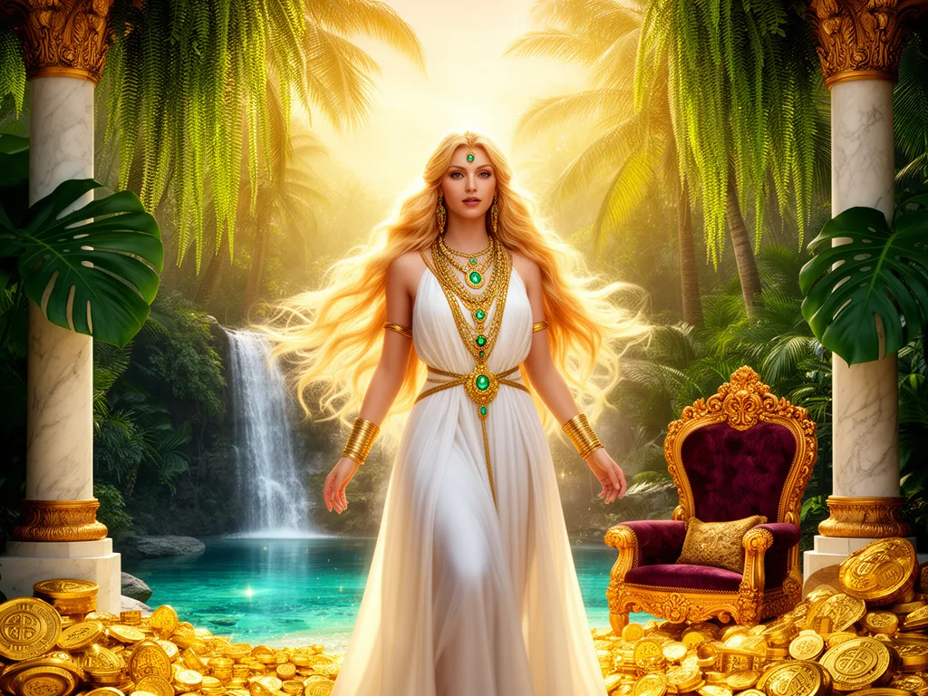 Goddess in white gown with emerald jewelry beside a waterfall in a tropical temple garden