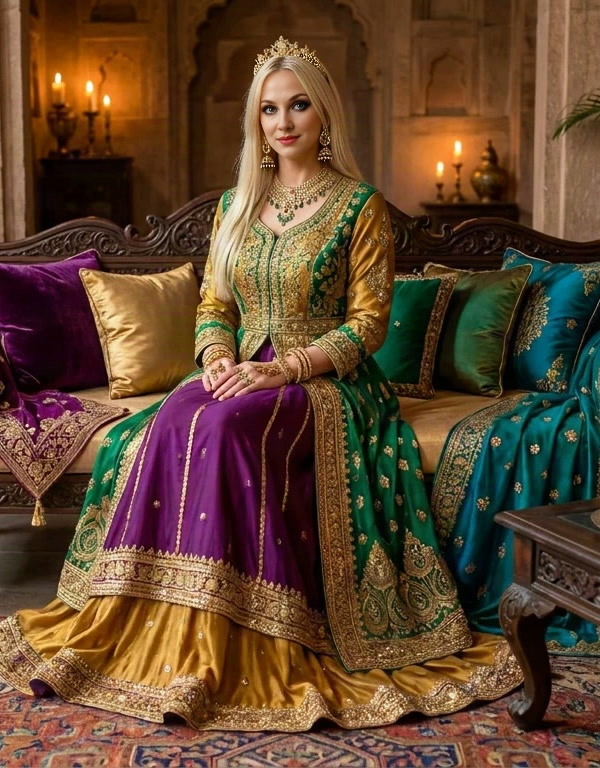The Garden's host seated on a carved dark wood sofa with velvet and satin cushions, candles glowing in a stone palace room